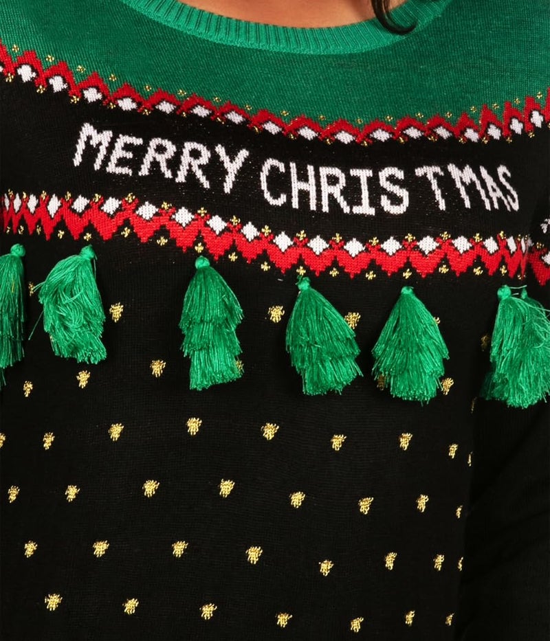 تيبسي إيلف سترة عيد الميلاد القبيحة للسيدات من Tipsy Elves بشرابة شجرة عيد الميلاد باللونين الأسود والأخضر مقاس X صغير - Image 3
